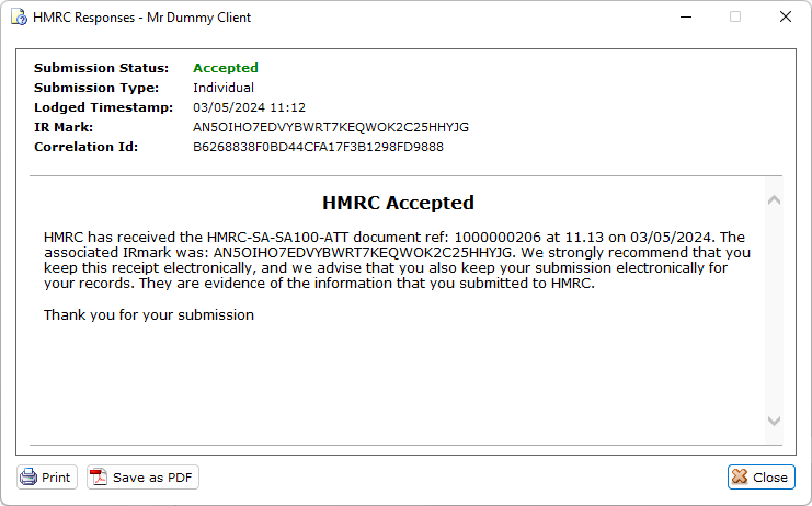 SA Submission Pro - HMRC’s accepted response